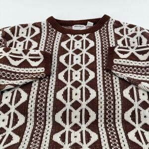 Objectives Vintage Geometric Knit Sweater Crewneck Cabin Core Size M Brown White